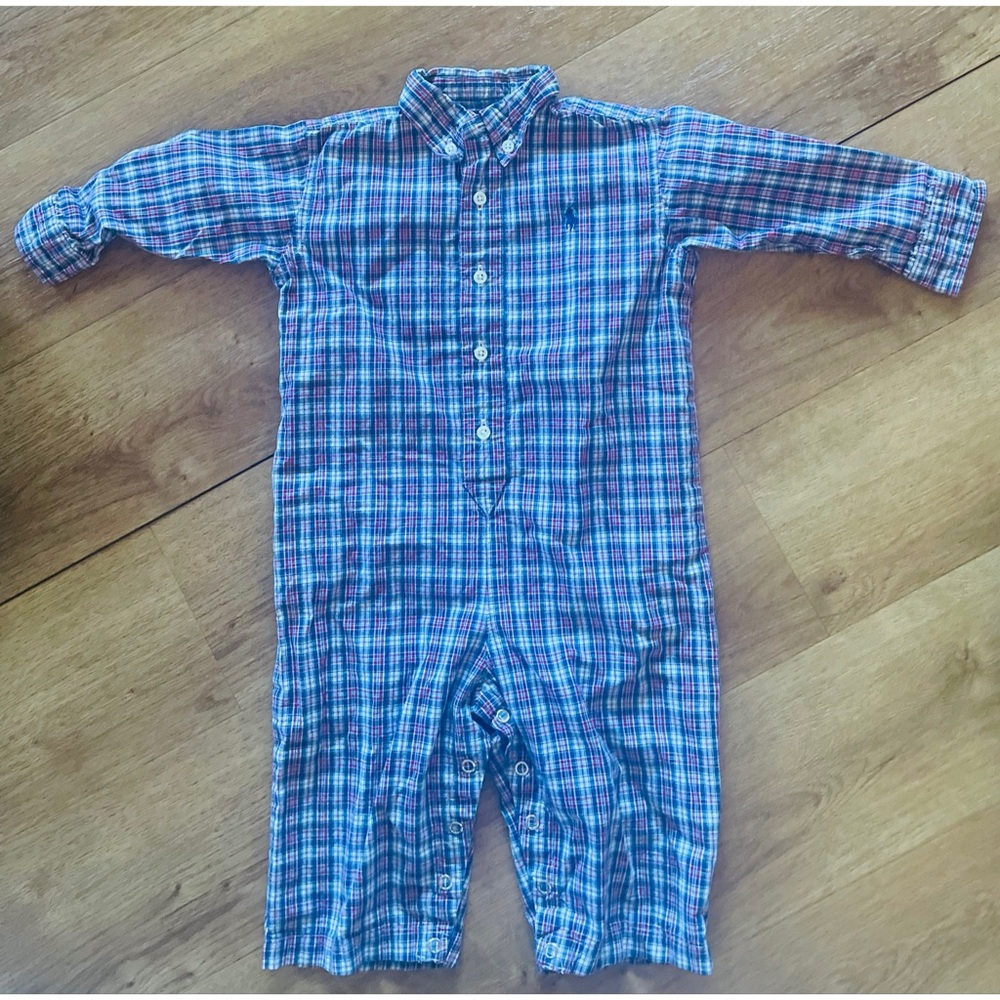 Polo Ralph Lauren Kensington Plaid Cotton Poplin Romper Blue Toddler 18 Months